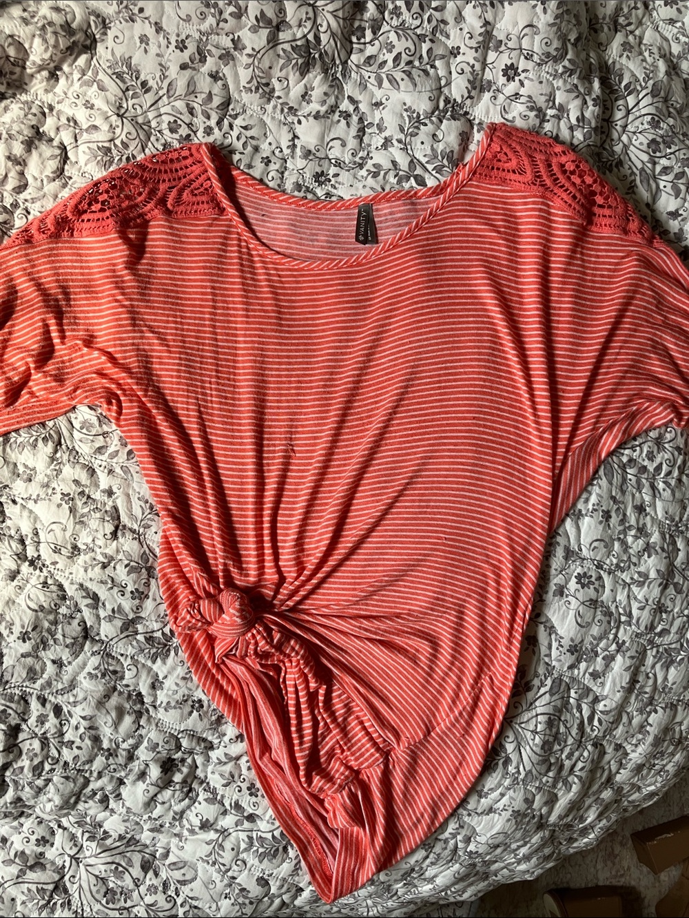 Vanity Coral Striped Lace-Shoulder Tunic
